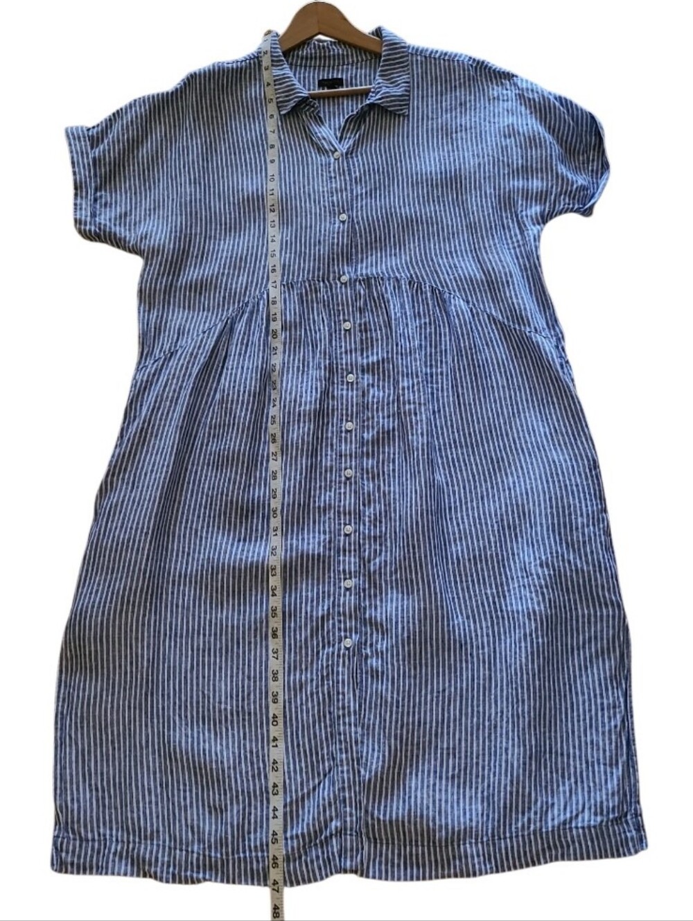Talbots Petite Drop Waist 100% Linen Stripe Shirt Dress Blue White - Picture 16 of 17